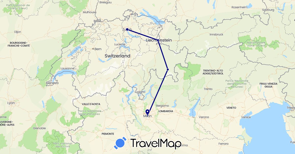 TravelMap itinerary: driving in Switzerland, Italy, Liechtenstein (Europe)